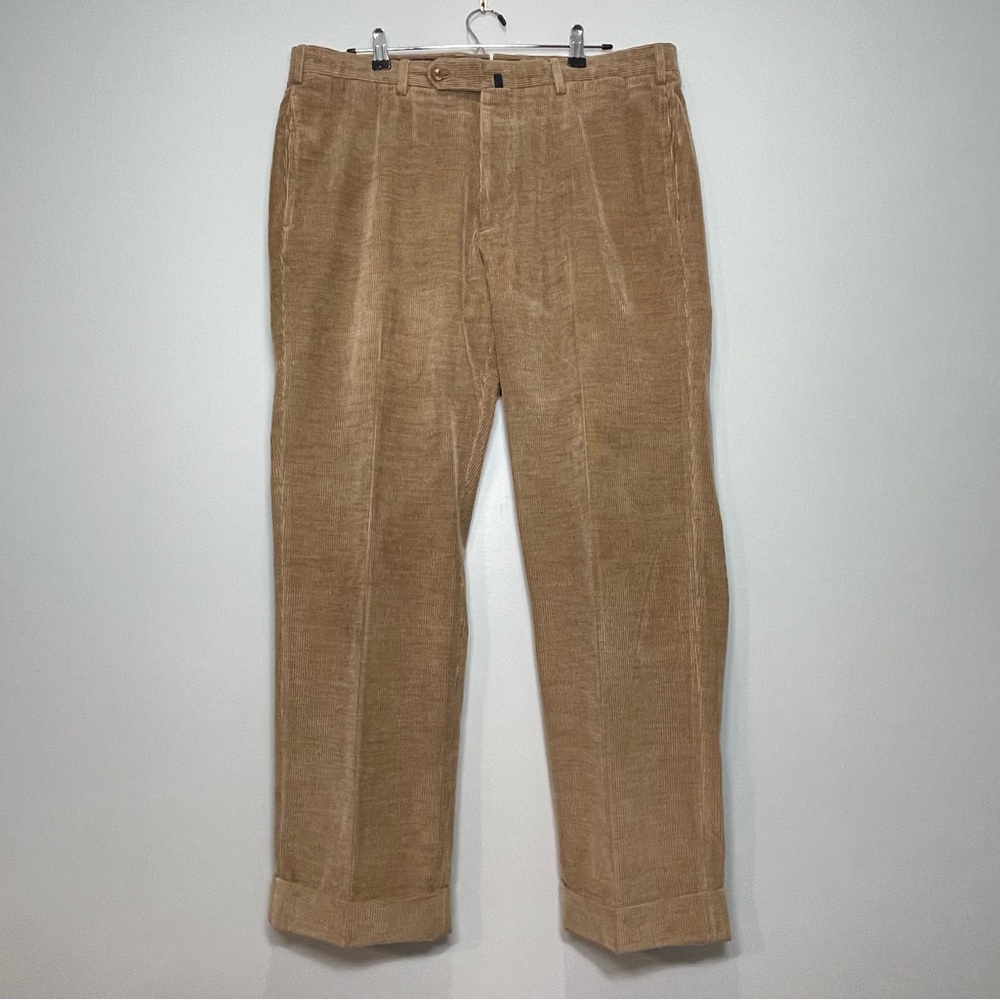 INCOTEX Men's Tan Corduroy Pants Cotton Cashmere Cuff Hem Flat Front Size 38